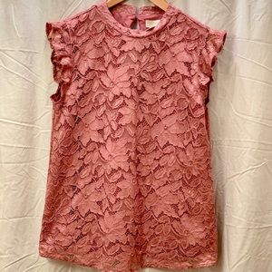 Mauve/pink mock, lace, sleeveless, blouse.